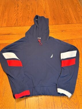 Nautica Navy Blue Hoodie with White & Red Sleeve Stripes